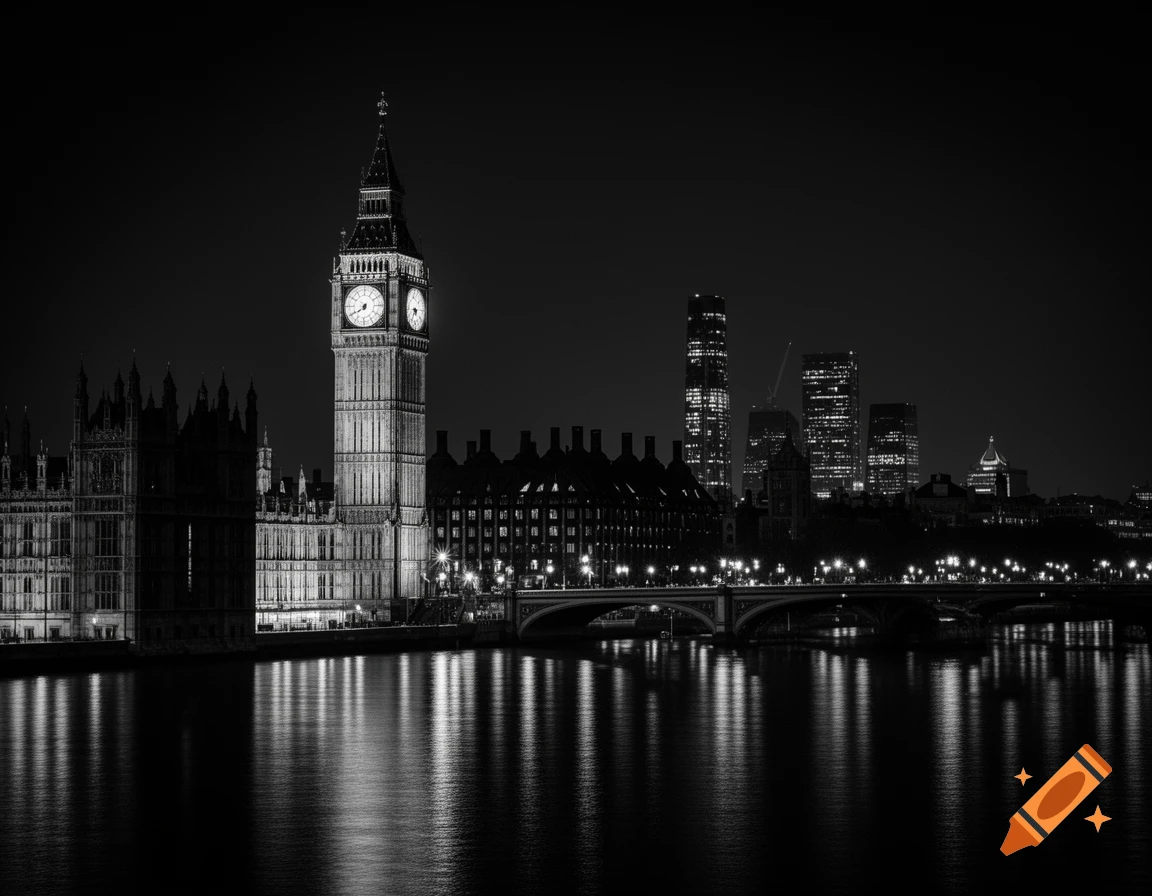 Black and white night cityscape of Big Ben and the Houses of Parliament, with a bridge and distant skyline reflecting in the River Thames.