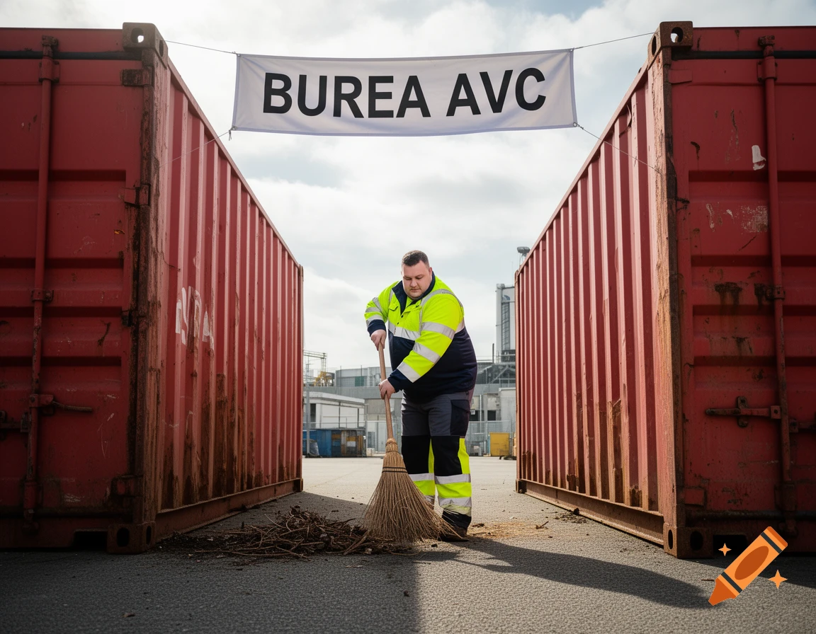 Man in high-vis vest sweeps debris between red shipping containers. A banner above reads "BUREA AVC".