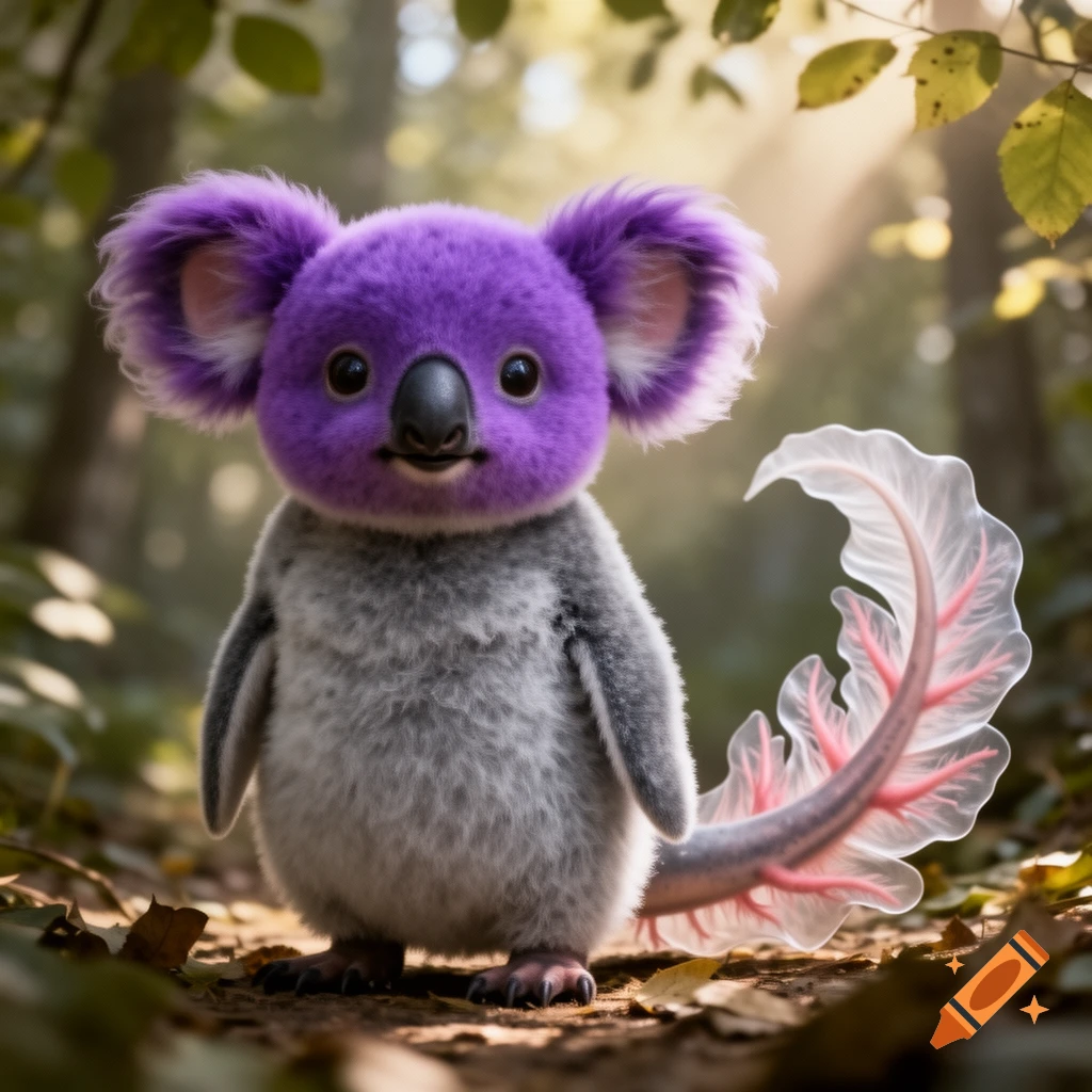 A cute hybrid creature with a purple koala head, grey fluffy body, and translucent axolotl tail stands in a sunlit forest.