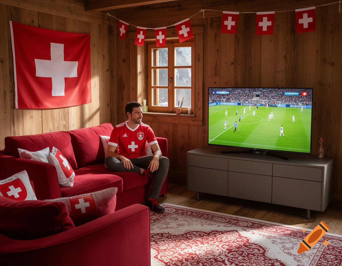 A man in a red Swiss jersey watches a Switzerland vs. Argentina football match on a TV in a wood-paneled living room decorated with Swiss flags.