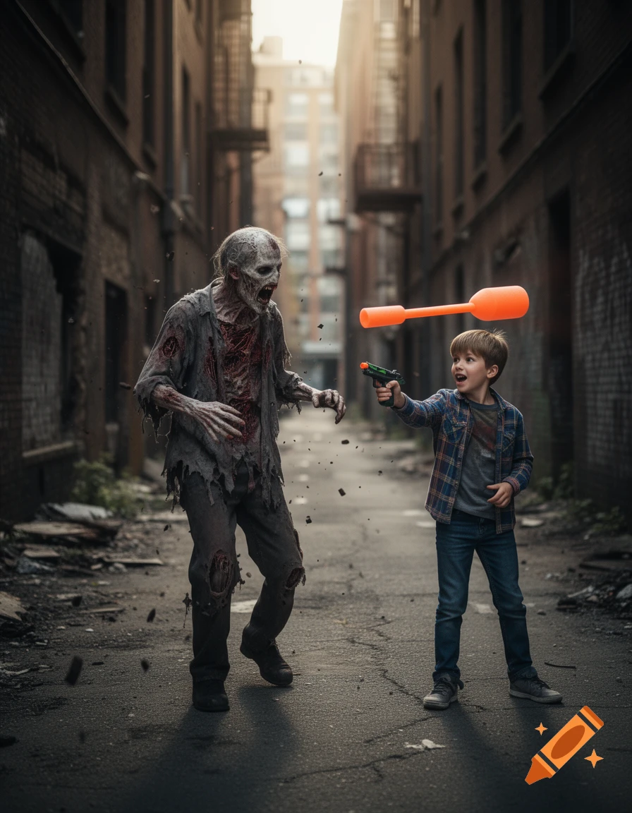 A young boy points a toy gun at a decaying zombie in a dark alley, with an orange toy floating in the air.