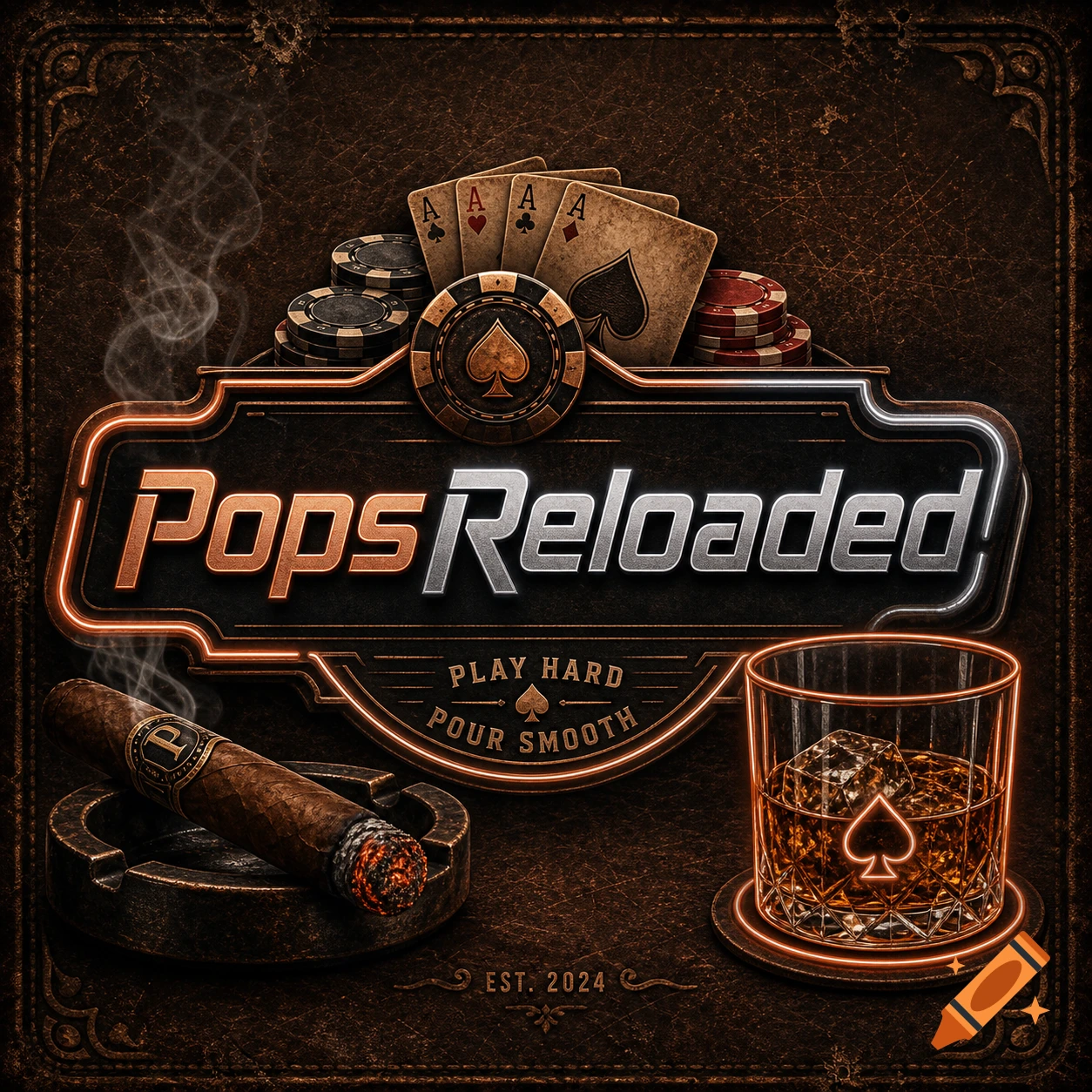 A retro-style logo for "PopsReloaded" featuring poker chips, playing cards with four aces, a lit cigar in an ashtray, and a glass of whiskey, all on a dark, textured background. Text includes "PLAY HARD POUR SMOOTH" and "EST. 2024".