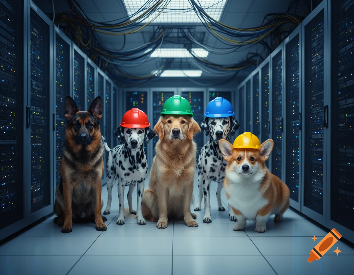 Five different dog breeds wearing colorful hardhats stand in a server room filled with glowing racks and cables.