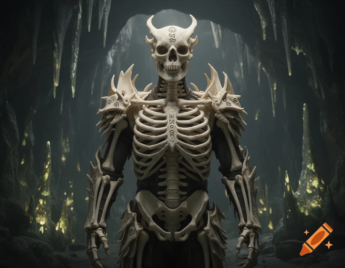 A skeletal figure with horns and ornate bone armor stands in a dark, cavernous setting with glowing stalactites.