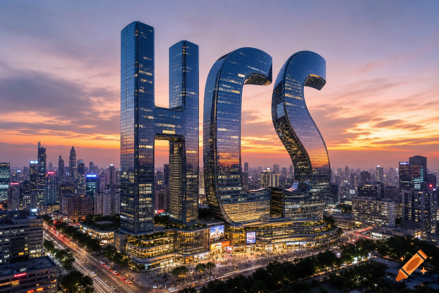 Three futuristic glass skyscrapers in the shape of the letters HCS stand against a vibrant sunset sky over a bustling city.