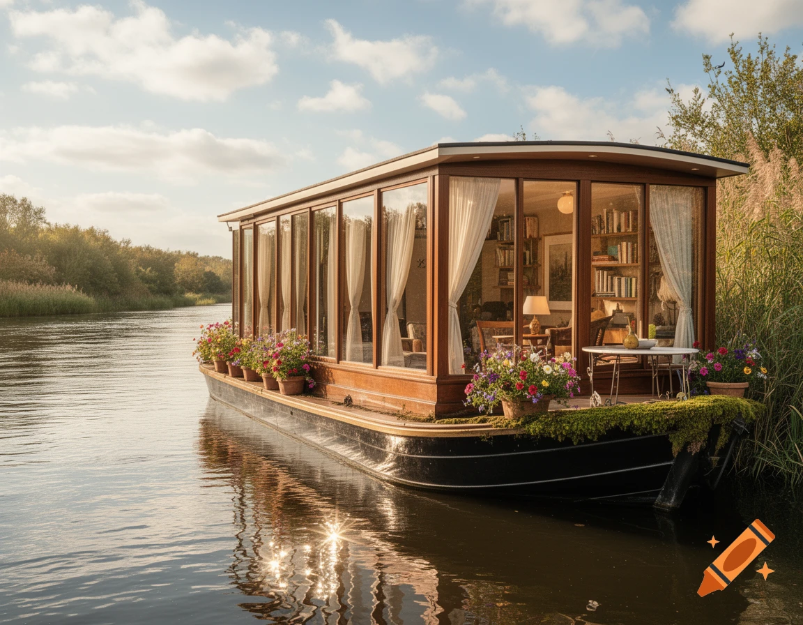 Photorealistic image of a cozy houseboat with large windows, potted flowers, and bookshelves, floating on a serene river at sunset.
