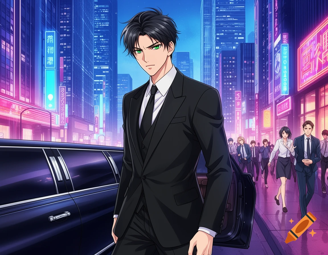 A man with dark hair and green eyes in a black suit exits a limousine on a neon-lit city street at night, in anime style.