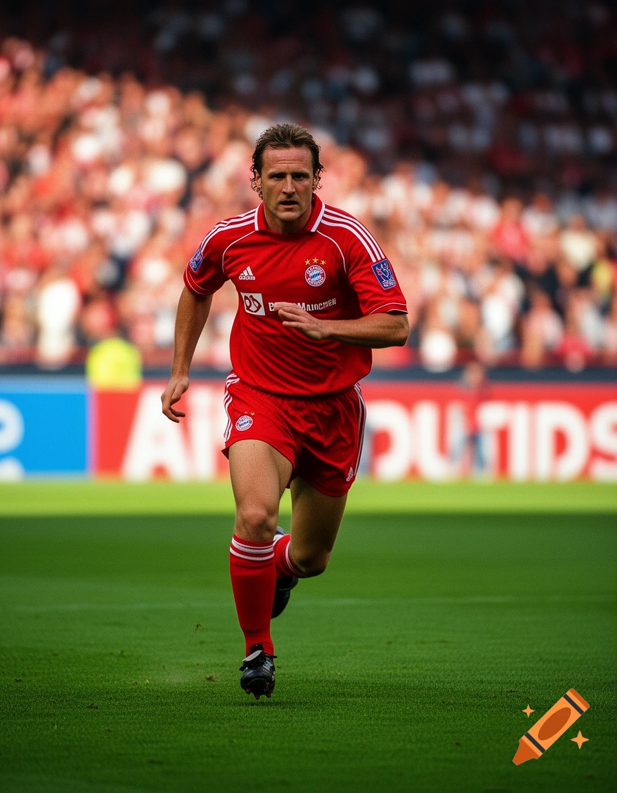 Photorealistic image of a male soccer player in a red FC Bayern Munich uniform running on a green field during a game.