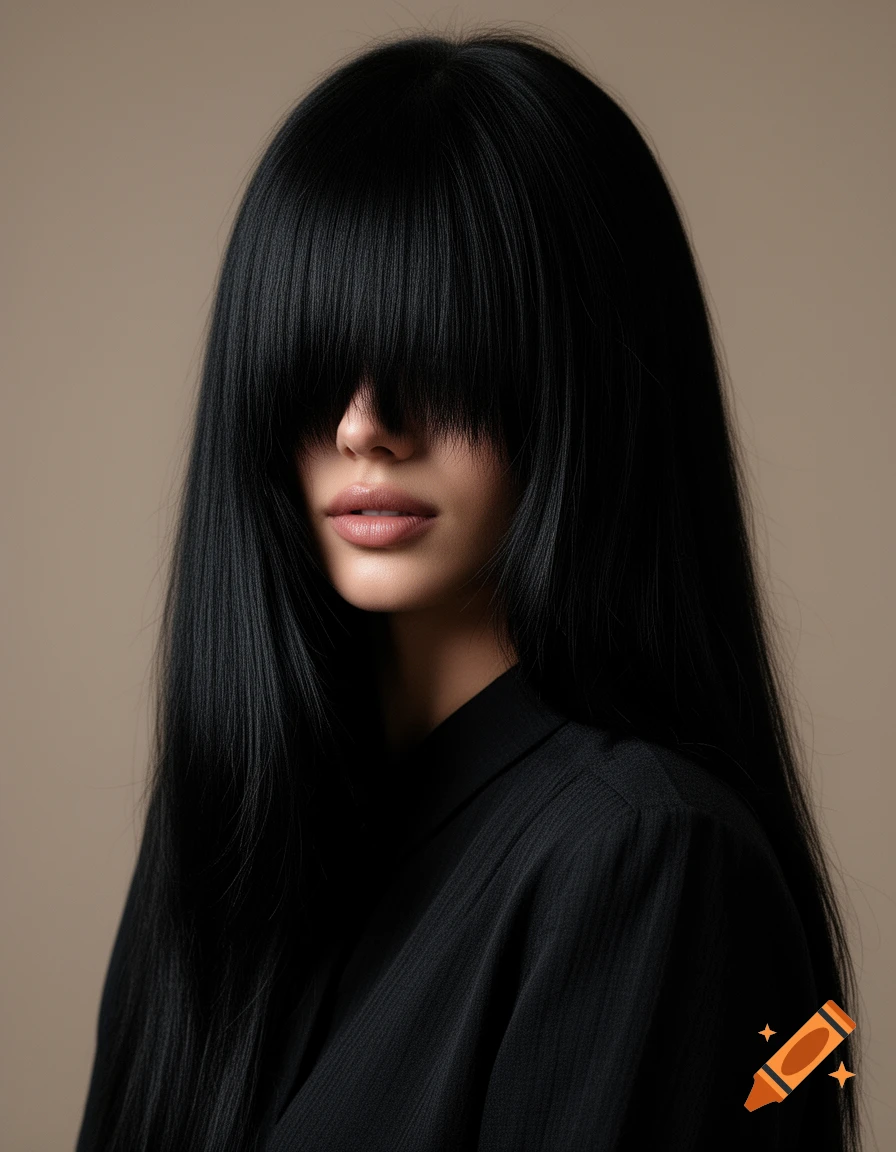 A close-up photorealistic portrait of a woman with long, straight black hair covering her eyes, wearing a black shirt.