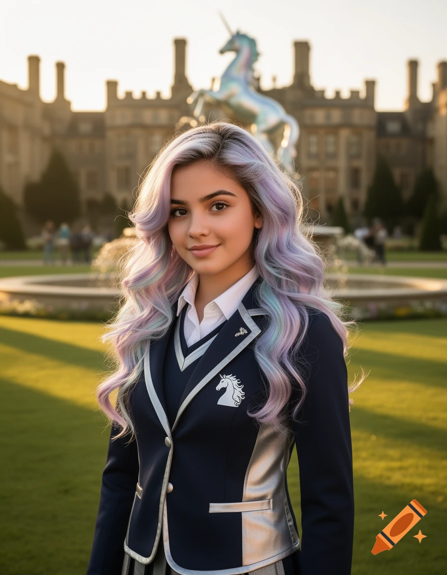 Smiling teenage girl with pastel hair in a navy uniform with a unicorn emblem, standing before a grand building and unicorn statue.