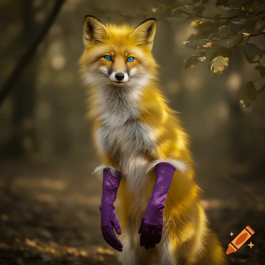 A photorealistic, bipedal fox with golden fur and striking blue eyes stands in a forest, wearing long purple gloves.