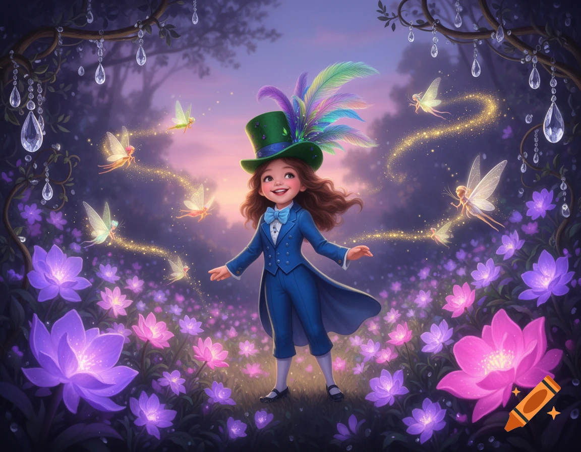 A whimsical girl in a blue dandy suit and feathered green top hat smiles in an enchanted garden with glowing flowers and flying fairies.