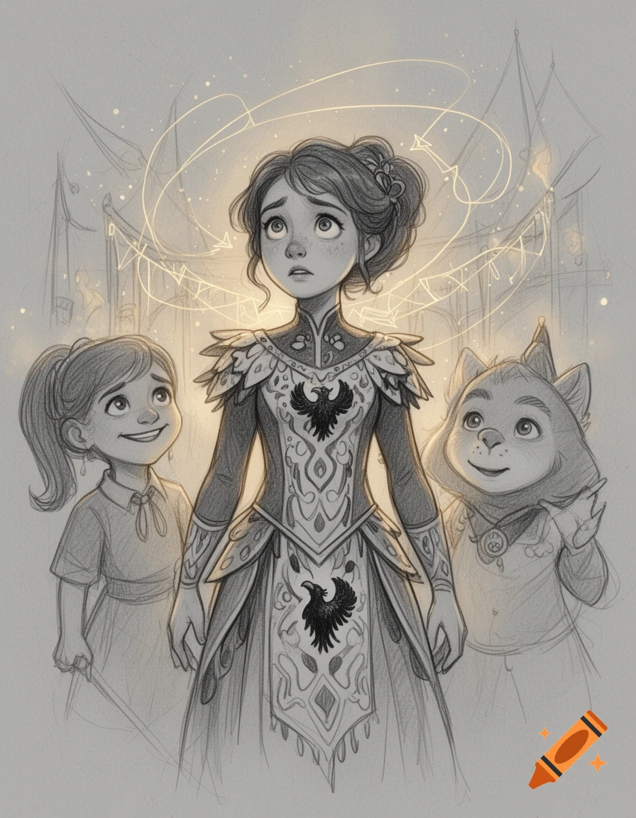 Pencil sketch of a woman in an ornate dress with raven emblems and glowing lines above her head, flanked by a smiling girl and a furry creature.