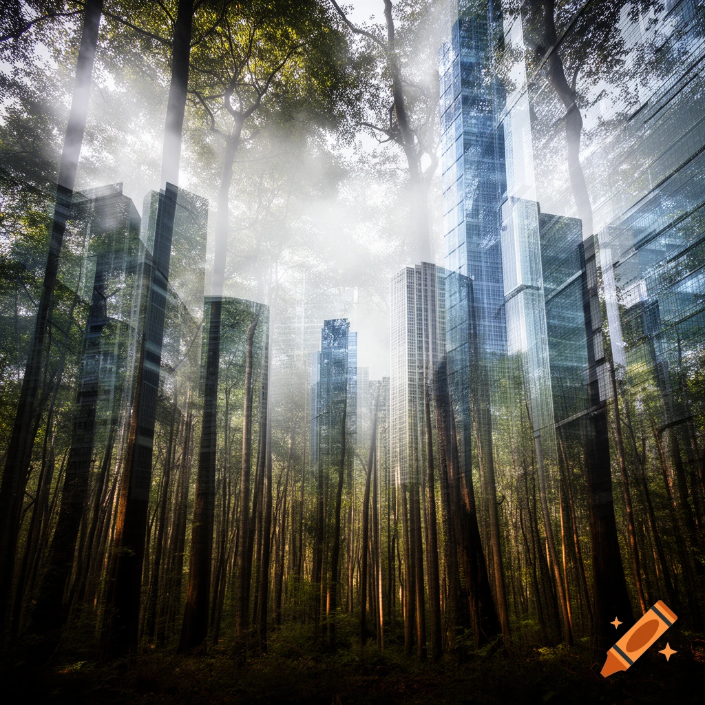 Photorealistic double exposure merging a dense forest with tall, modern skyscrapers under a bright, misty sky.