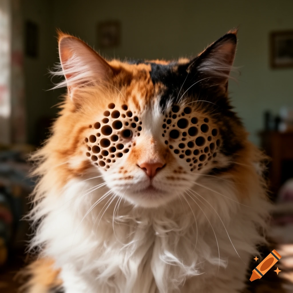 Close-up of a calico cat with a furry white chest, its face covered in numerous dark holes in a trypophobia pattern, where its eyes would normally be.