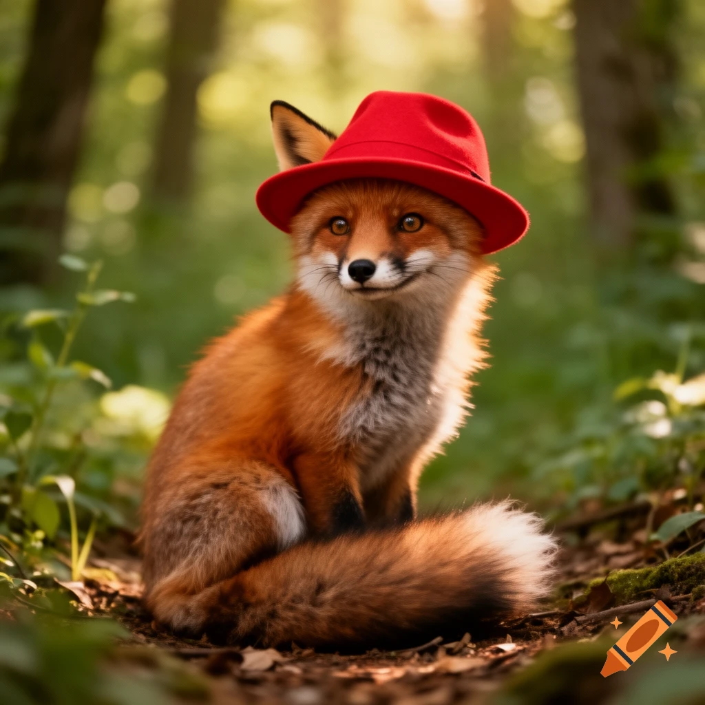 A photorealistic red fox wearing a red hat sits in a sunlit forest.