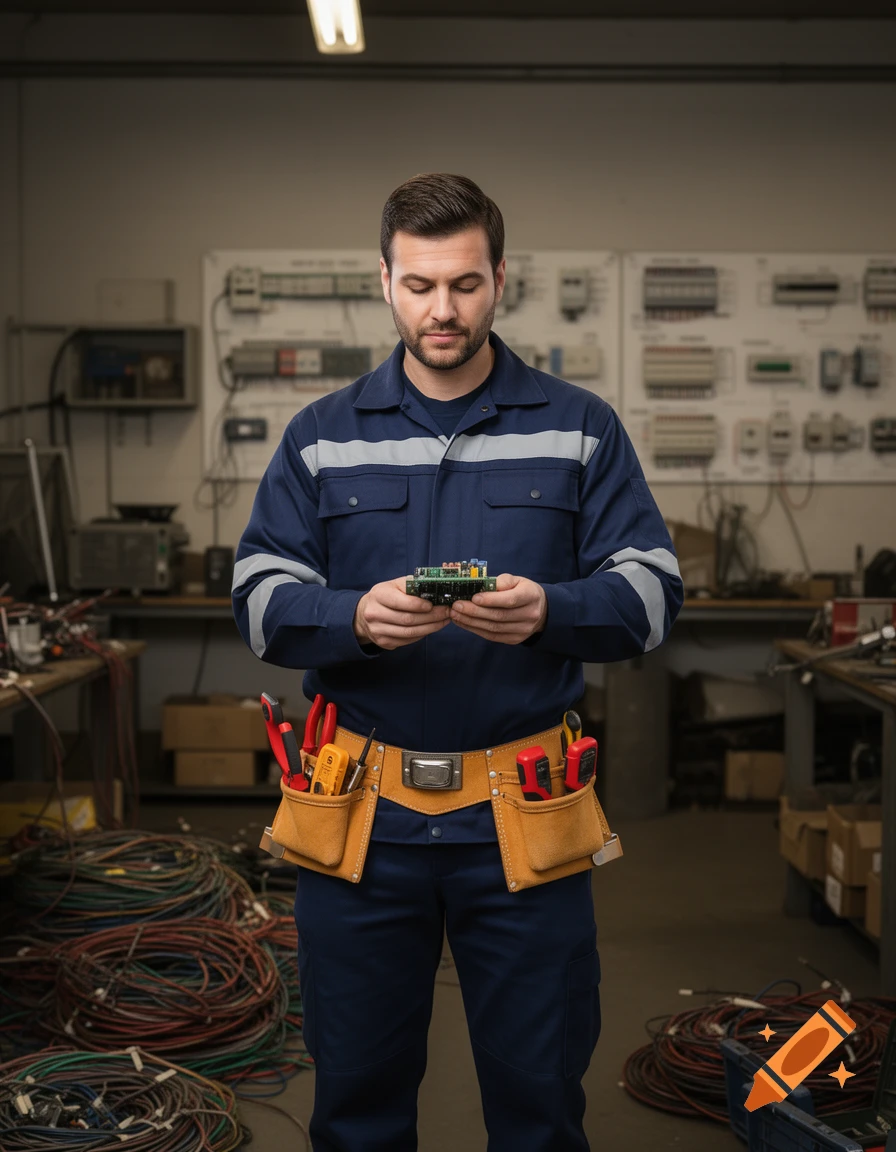 A man in a navy blue electrician's uniform and tool belt inspects a circuit board in a messy workshop.