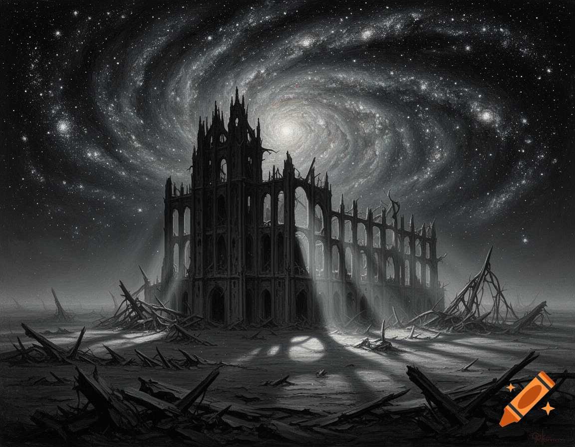 A desolate, ruined gothic cathedral stands under a vibrant, swirling galaxy and starry night sky in a dark, surreal style.