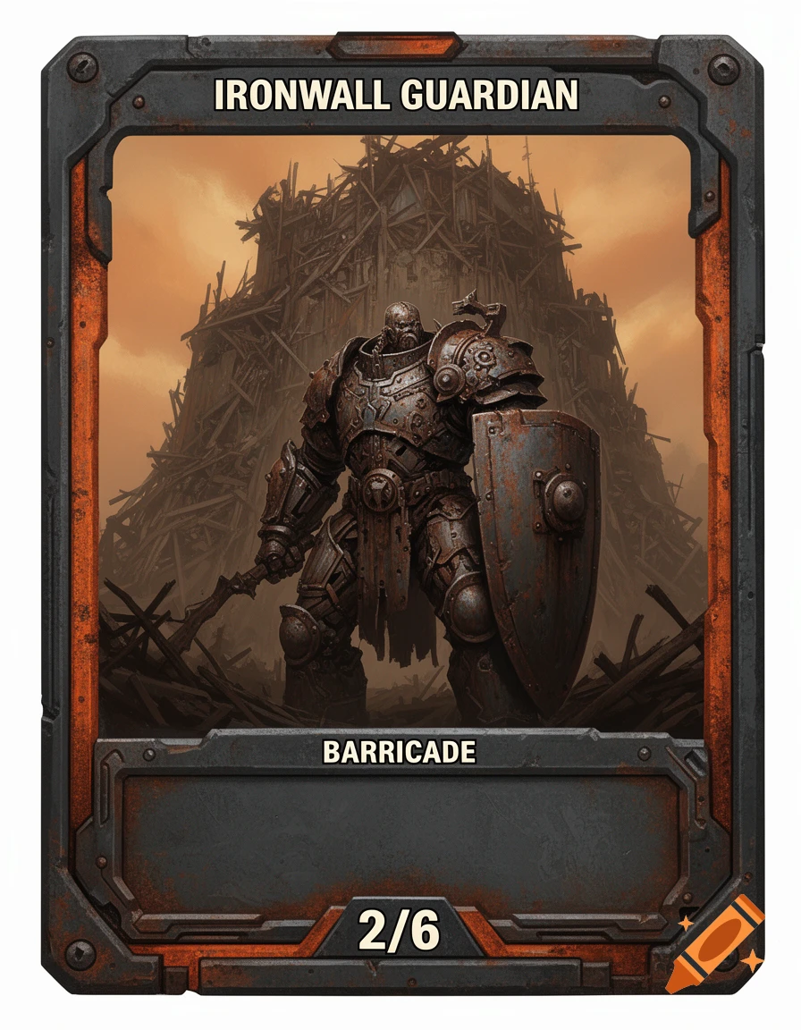 A cinematic fantasy trading card featuring a hulking warrior in scrap metal armor, holding a shield, guarding a scrap fortress.