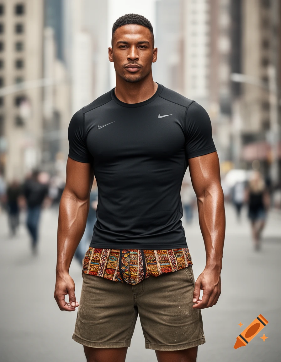 A muscular man in a black Nike t-shirt, brown shorts, and a colorful patterned boxer stands on a blurry city street, photorealistic.