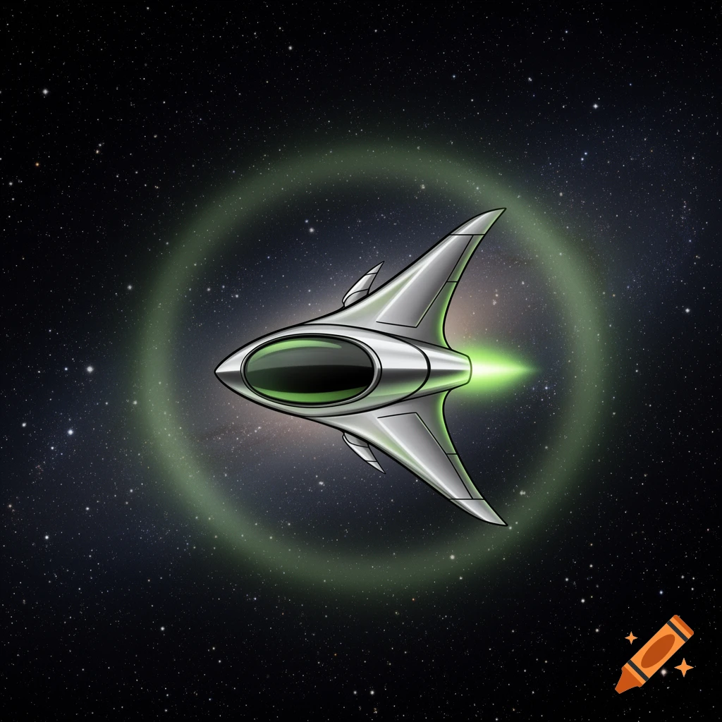A 2D illustration of a silver alien spaceship flying through deep space with a green glow.