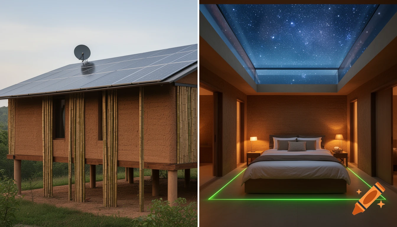 Split-view photo of a photorealistic eco-smart house exterior with solar panels and bamboo, and an interior bedroom with a starry skylight and green laser lines.