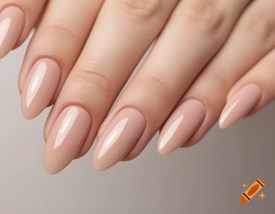 Close-up of a hand with perfectly manicured almond-shaped nude gel nails.