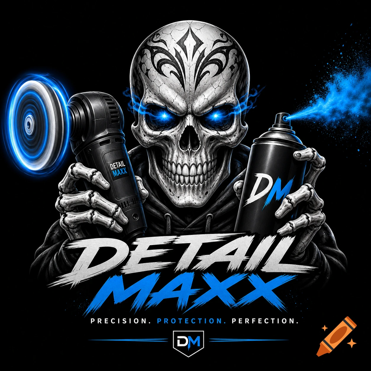 A stylized skull with glowing blue eyes holds a polishing machine and a spray can, with "DETAIL MAXX" text below in a gritty graphic style.