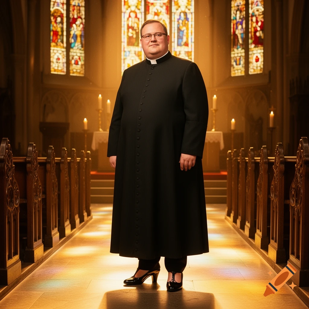 An overweight Catholic priest in a black cassock and women's high-heeled shoes stands in a church aisle with stained glass windows.