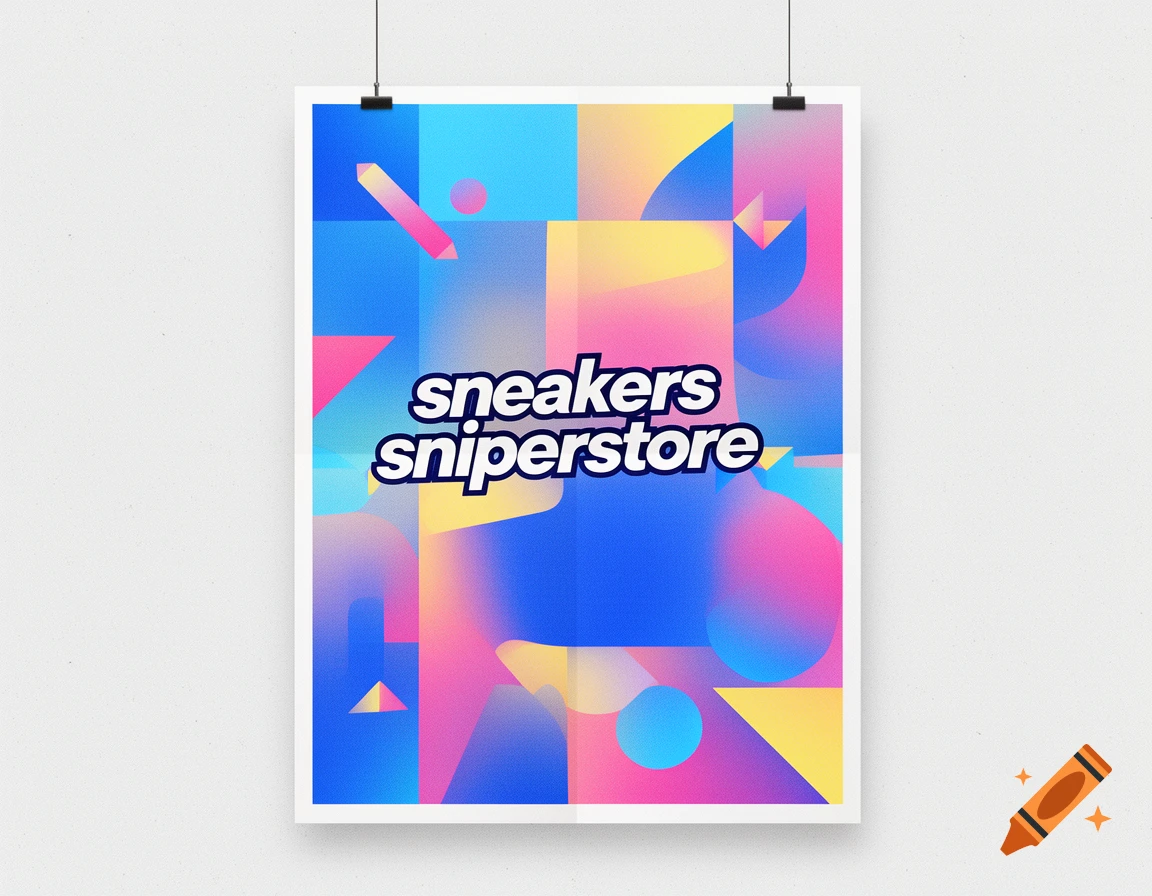 A colorful abstract poster with geometric and gradient shapes in blue, pink, and yellow, displaying 'sneakers sniperstore' in white text.