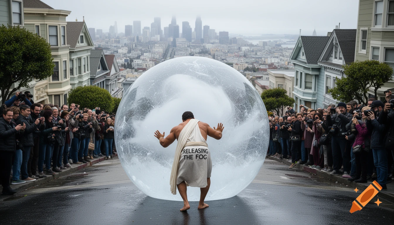A muscular man in a white toga pushes a gigantic transparent ice ball containing fog up a steep San Francisco street, lined with onlookers and Victorian houses.