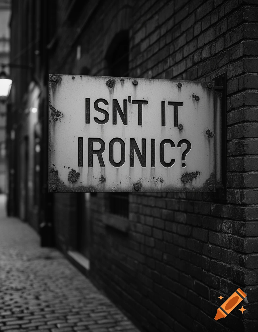 A weathered metal sign with the text 'ISN'T IT IRONIC?' on a brick wall in a dark, moody urban alley. Black and white photo.