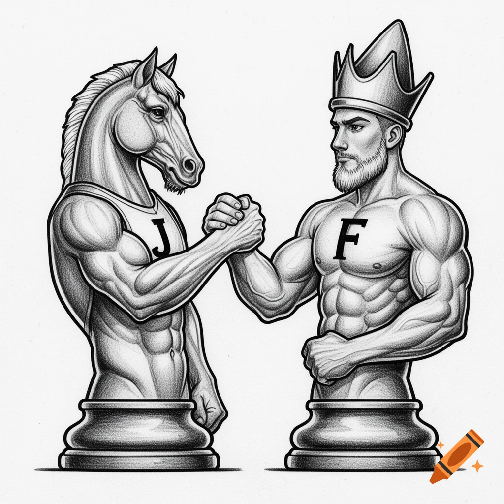Black and white pencil sketch of two muscular anthropomorphic chess pieces, a knight and a king, arm wrestling.