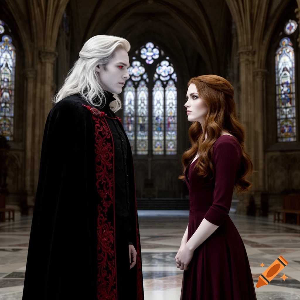 A pale man with white hair and red eyes in a black and red cape faces a red-haired woman in a maroon dress inside a gothic cathedral.