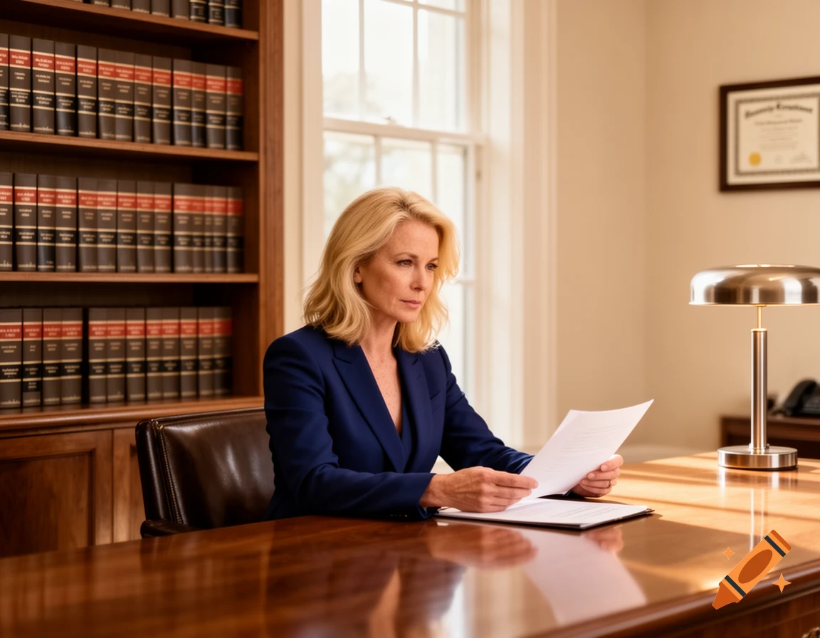A blonde woman in a blue suit sits at a polished wooden desk in a traditional office, reviewing documents. Bookshelves line the wall behind her.