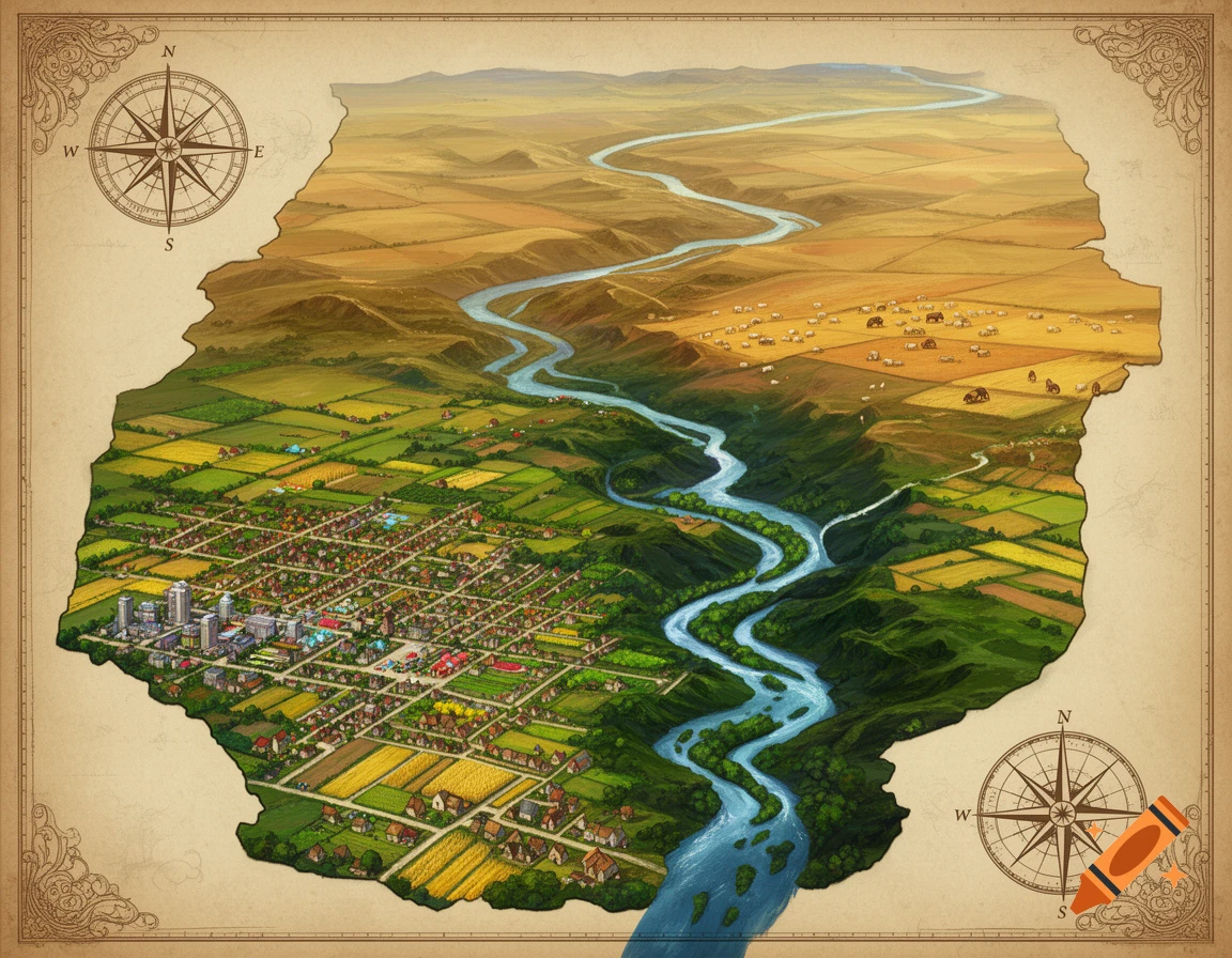 A stylized map showing a winding river through a valley, fertile farmlands, a bustling city in the south, and a drier northern region.