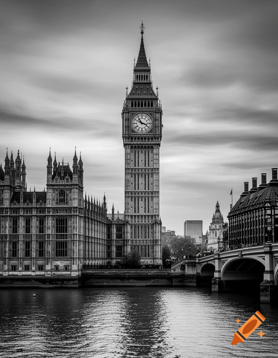 Black and white photorealistic image of Big Ben and the Houses of Parliament across the River Thames.