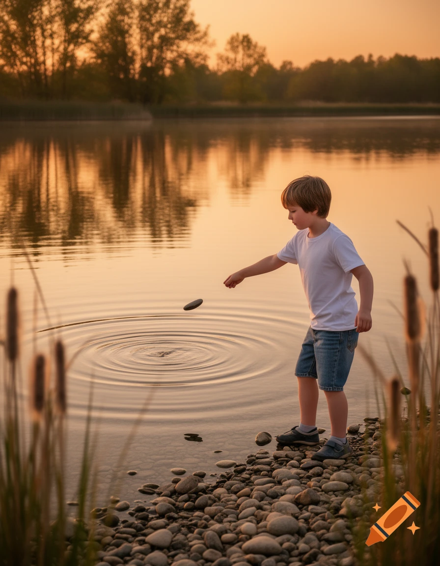 A young boy in a white shirt and blue shorts skips a stone across a calm lake at sunset, creating ripples.