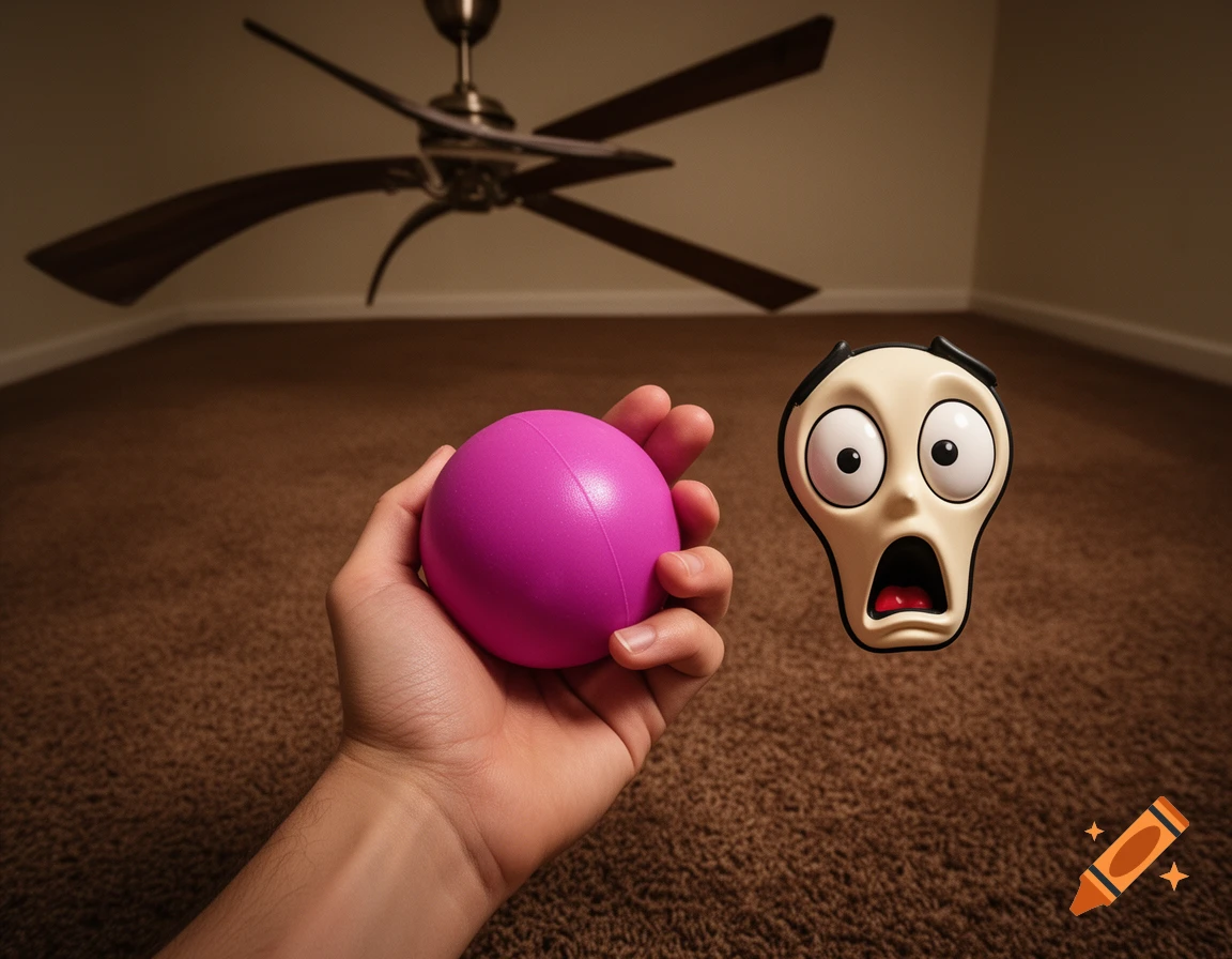 A photorealistic image shows a hand holding a pink Nee-doh ball. Next to it, a surprised cartoon face floats in a carpeted room with a warped ceiling fan.