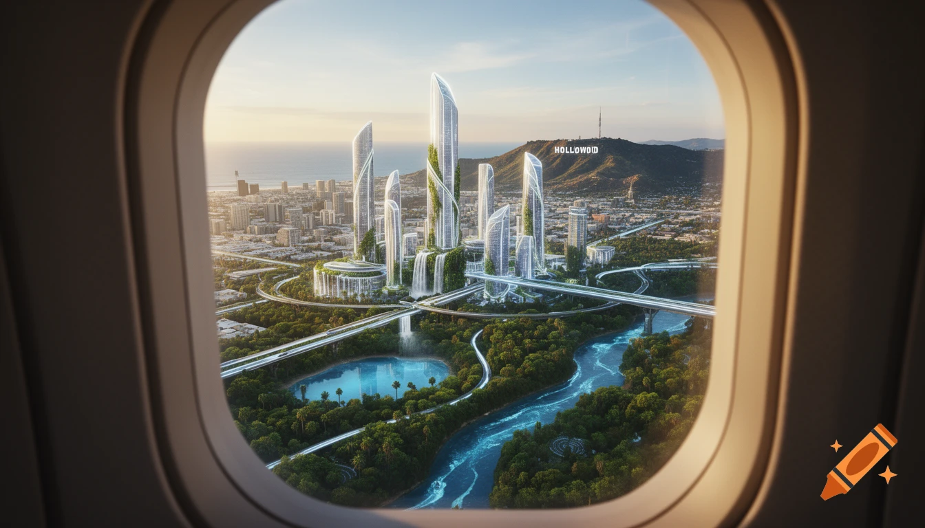 View from an airplane window of a utopian eco-futuristic city with green skyscrapers, winding rivers, forests, and ocean at golden hour.