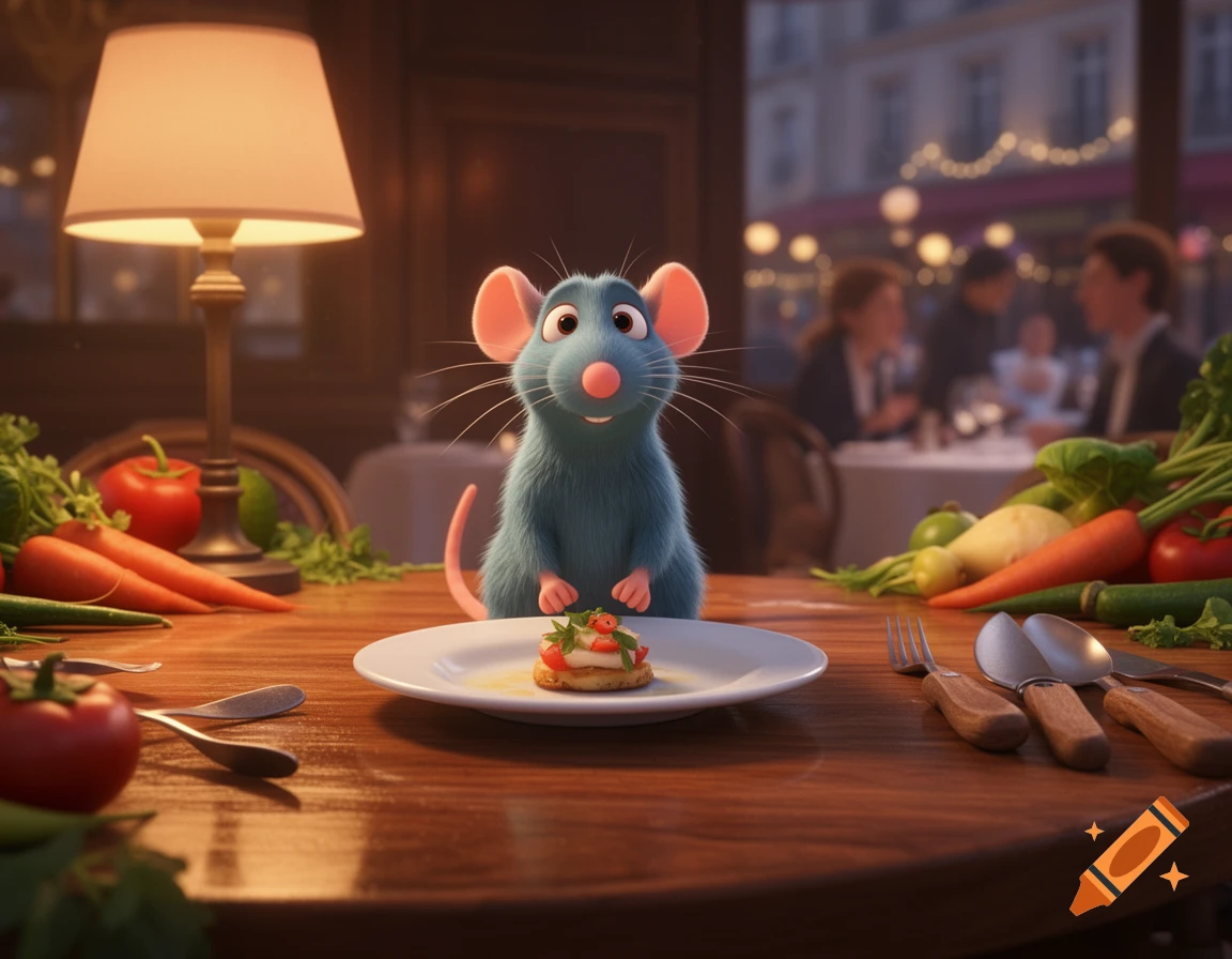 Animated blue rat Remy from Ratatouille sits on a restaurant table with a tiny meal and vegetables.
