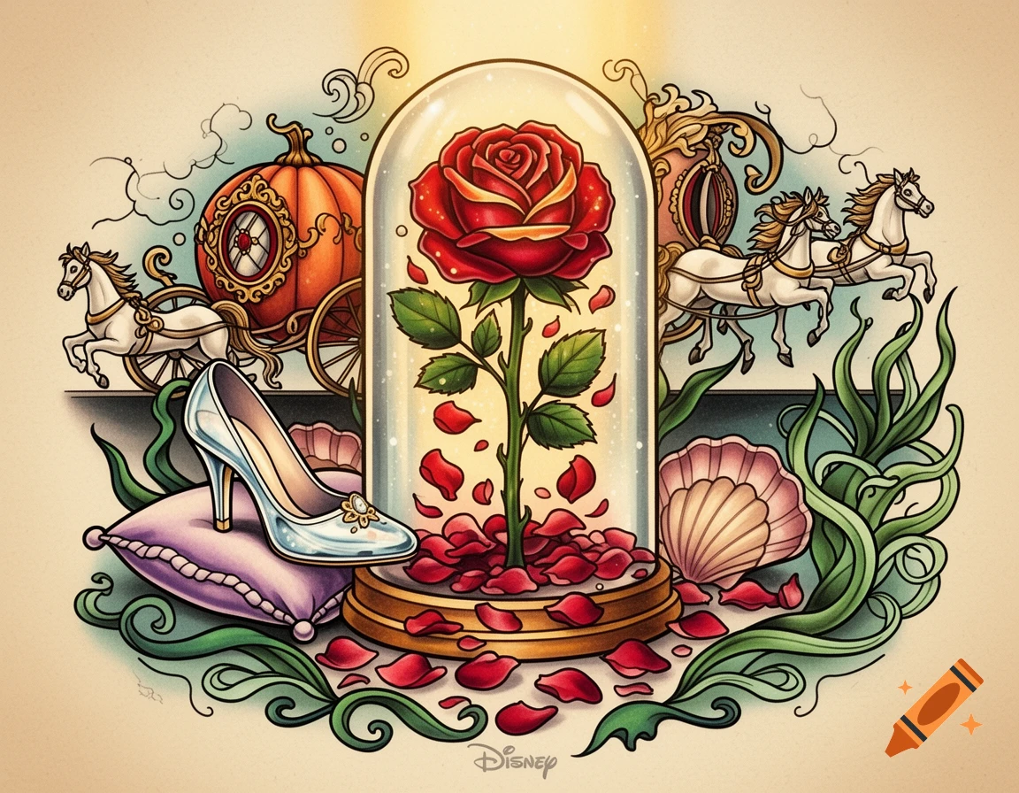 Old-school illustration of an enchanted red rose in a glass dome, with a pumpkin carriage, glass slipper, seashell, and seaweed.