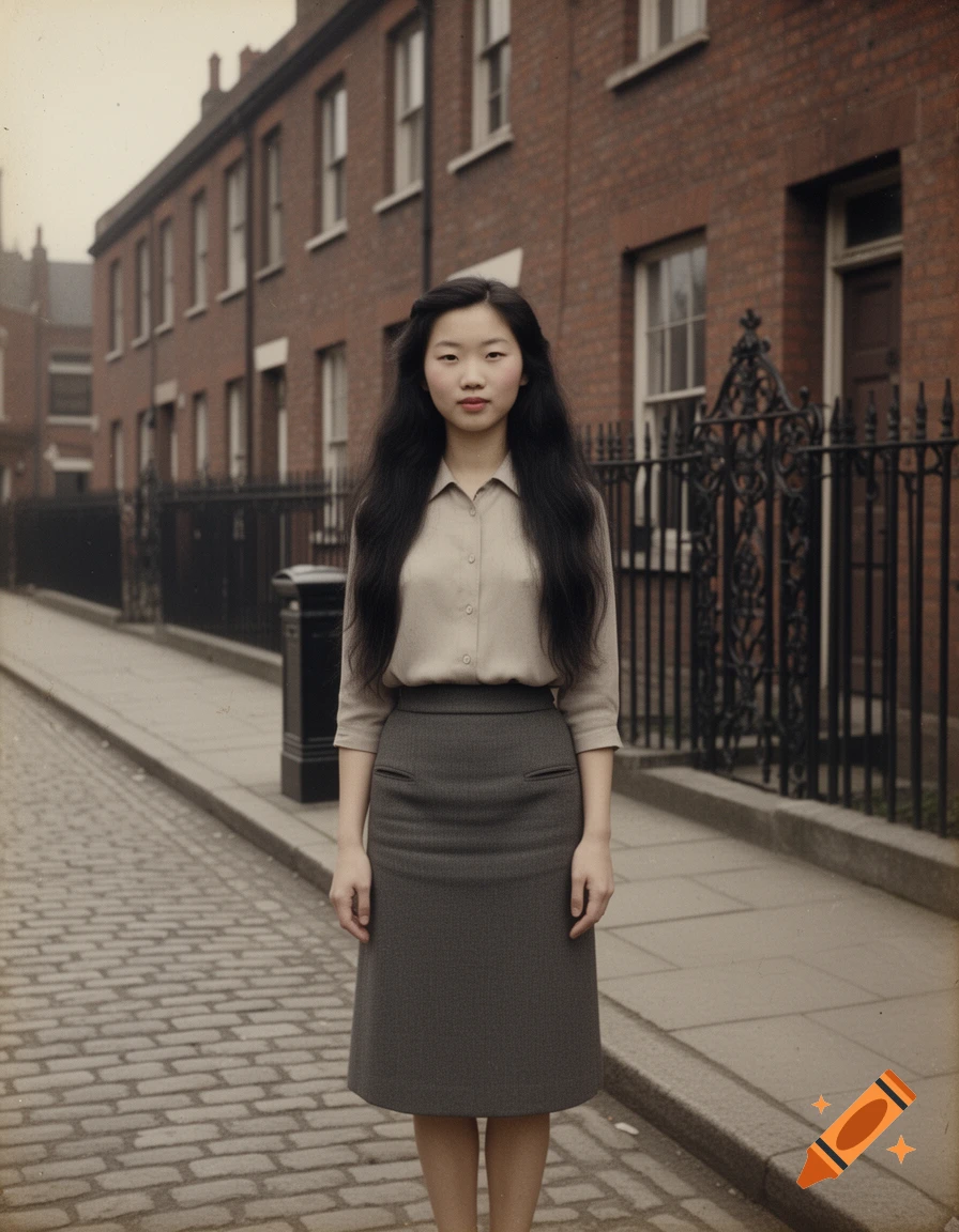A young East Asian woman with long dark hair stands on a cobblestone street in front of brick buildings, styled like a vintage photograph.