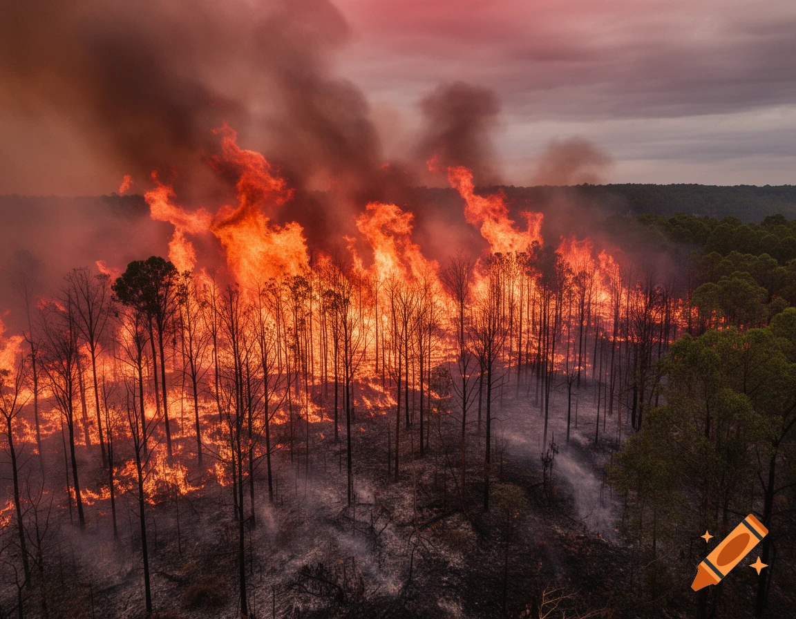Photorealistic image of a raging forest fire, with tall trees engulfed in bright orange and red flames under a smoke-filled sky.