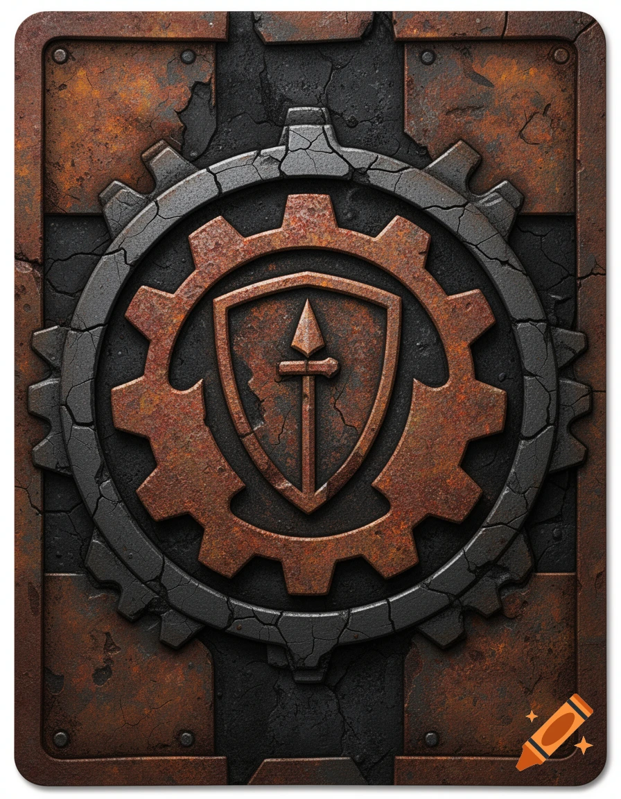 A distressed, industrial trading card back with a rusty gear, cracked dark frame, and a shield and spear emblem.