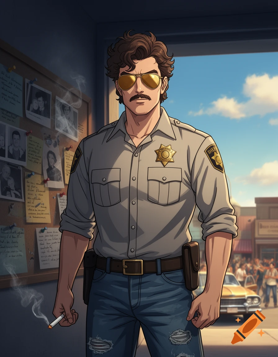 An anime-style drawing of a brown-haired man with a mustache and aviator sunglasses, wearing a sheriff's uniform and holding a cigarette. He stands in what appears to be an office with a bulletin board, looking out at a town street.