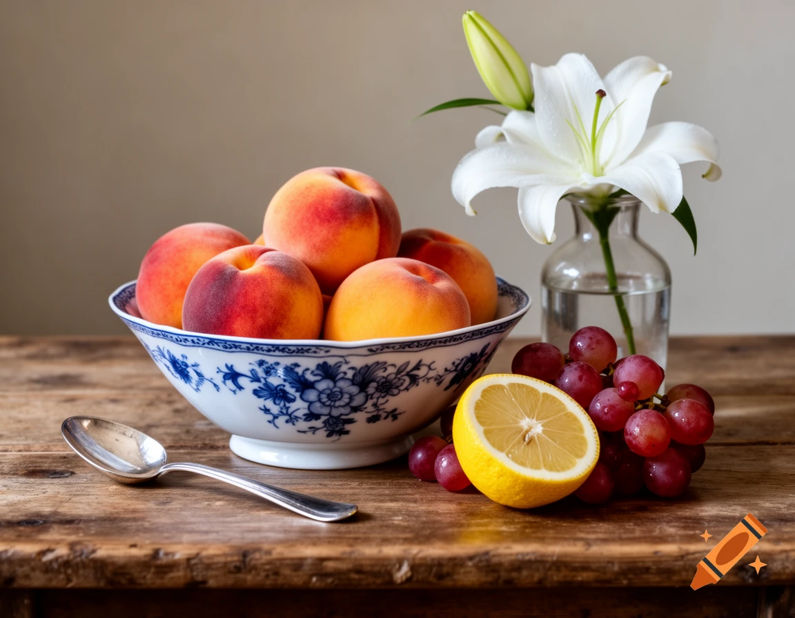 A still life featuring peaches in a blue and white bowl, a white lily in a vase, red grapes, a lemon half, and a spoon on a wooden table.