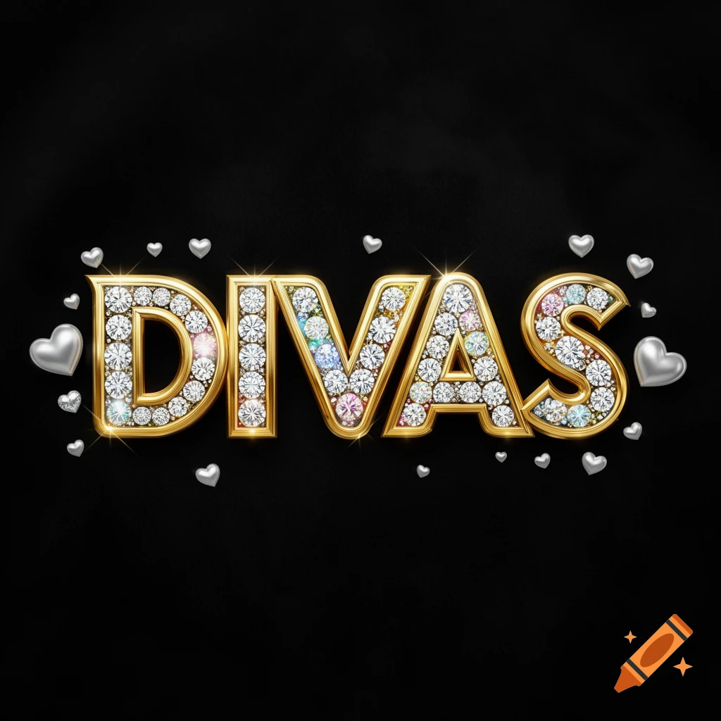 The word DIVAS rendered in gold, encrusted with sparkling diamonds, surrounded by floating silver hearts on a black background.