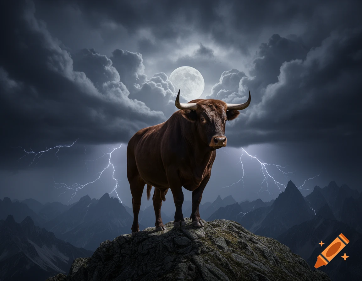 A powerful brown bull stands on a rocky mountain peak under a dramatic stormy sky with a full moon and lightning, distant peaks.