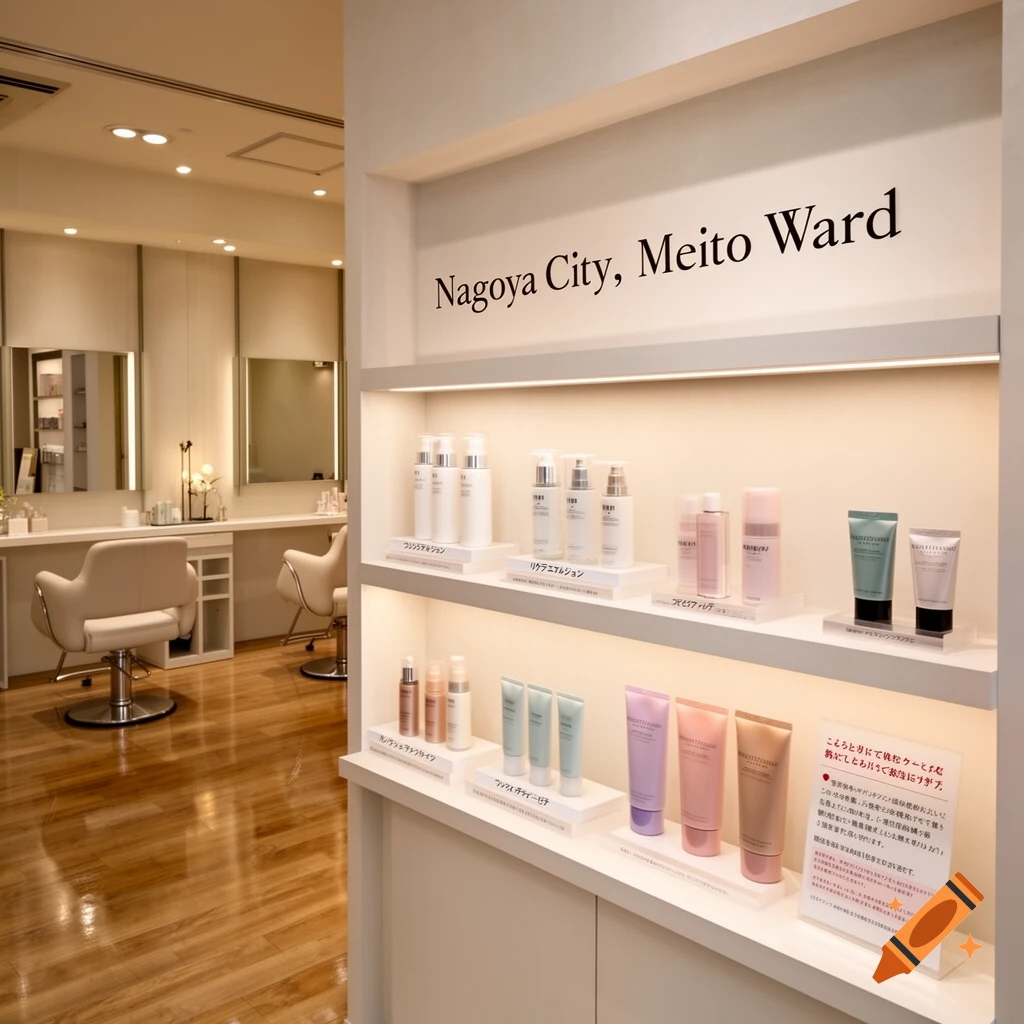 Brightly lit modern hair salon interior with a display shelf of beauty products and salon chairs. Text 'Nagoya City, Meito Ward' on the wall.